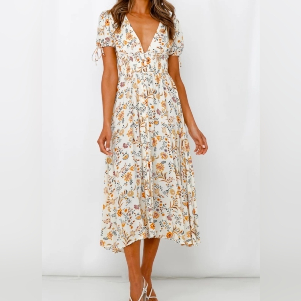 Hello Molly | Cream and Orange Floral Midi Dress
